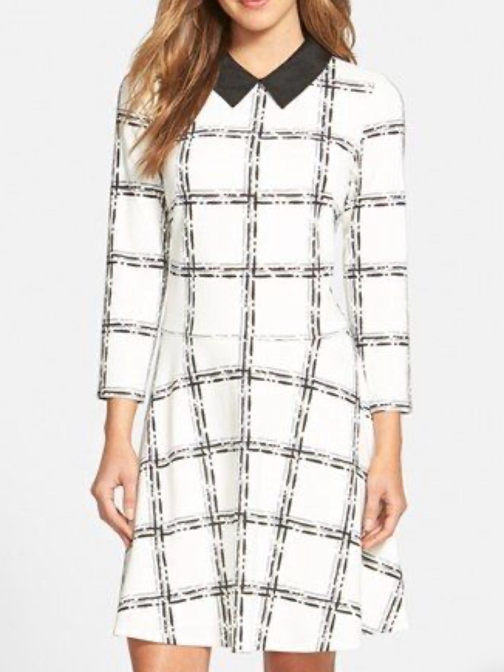 Eliza J Fit & Flare Cream and Black Windowpane Collared Dress Size 2
